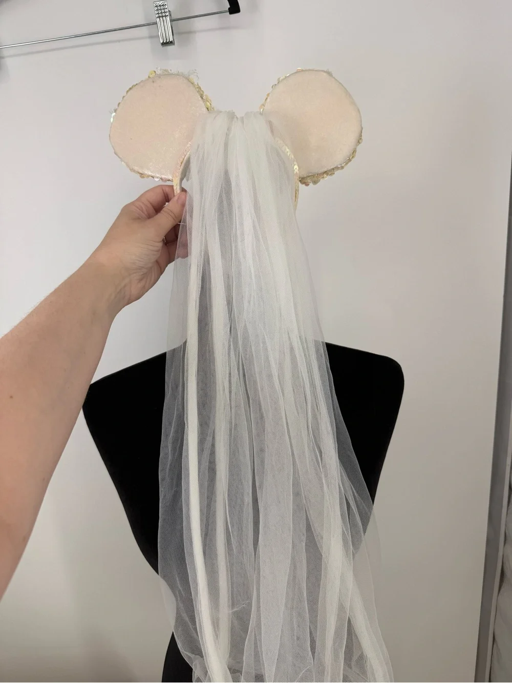 Disney Sequin Mouse Ear Headband with White Veil and Pink Rose